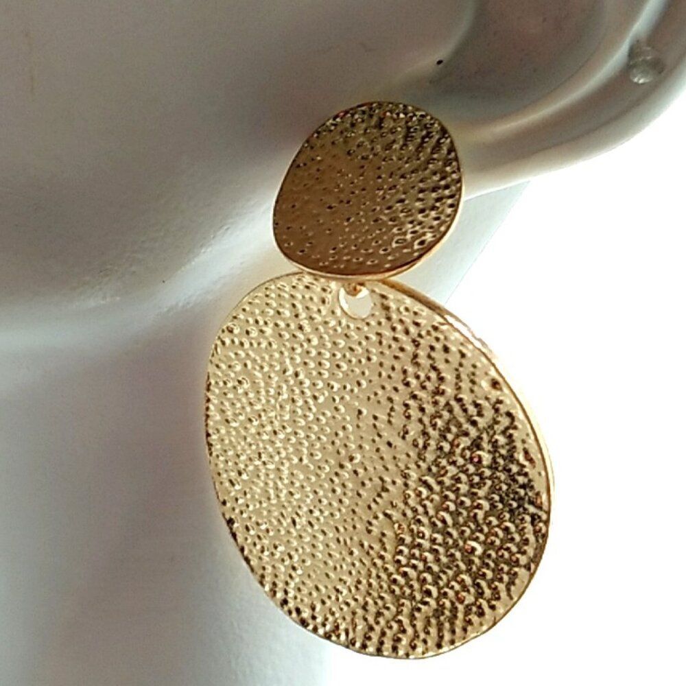 Dimpled Gold-tone Double Disc Drop Post Earrings NWOT